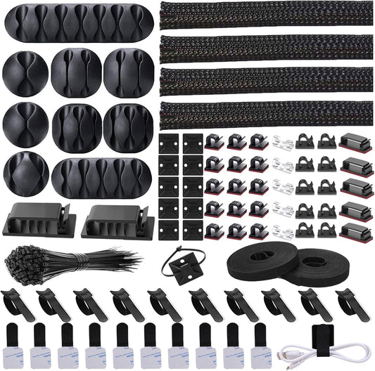 Cord Management Organizer Kit 4 Cable Sleeve split 192PCS Cable Management | 41Self Adhesive Cable Clips Holder, 10pcs and 2 Roll Self Adhesive tie ,100 Fastening Cable Ties, for TV Office Car Desk Home