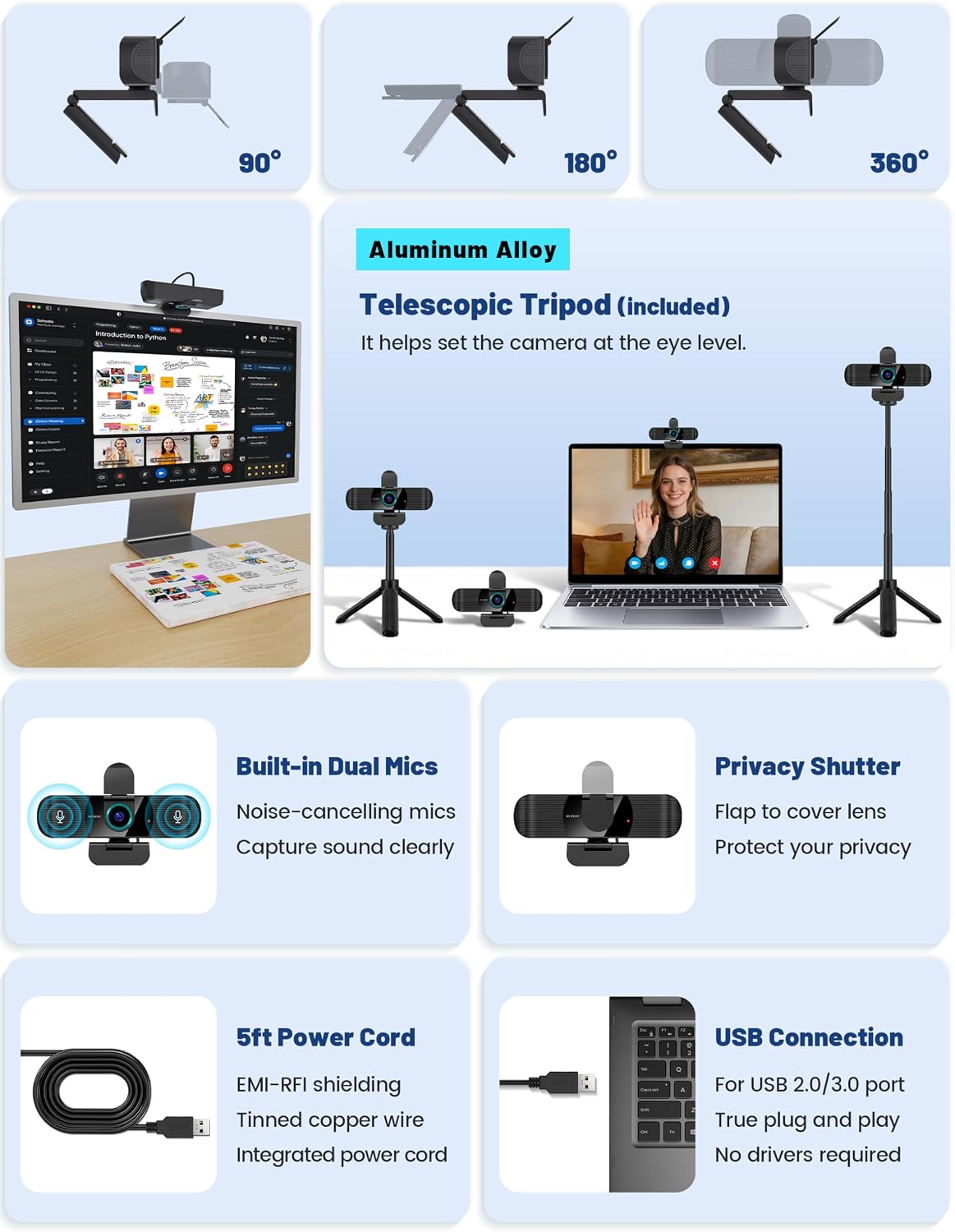Pro HD 1080p/30fps Webcam with Tripod, External USB Camera for PC/Laptop | Dual noise-cancelling mics | Auto-focus | Wide-angle | Low-light correction | 360° rotation | CMOS sensor | Plug and Play
