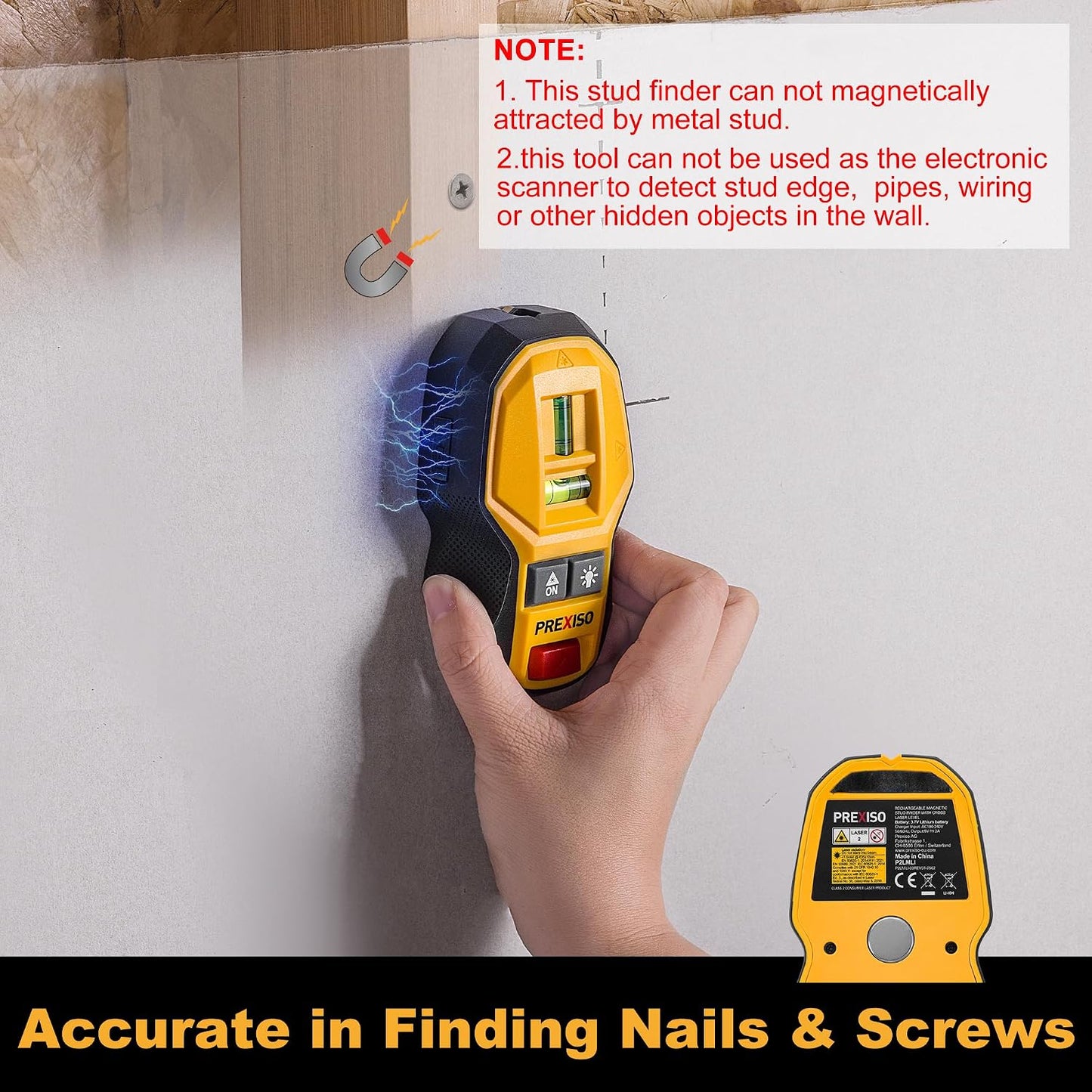 PREXISO 2-in-1 Rechargeable Cross Line Laser Level & Magnetic Stud Finder | Compact Line Lasers with LED Bubble Vials for Accurate Marking for Hanging Frames & Pictures Non-Electronic Stud Finder