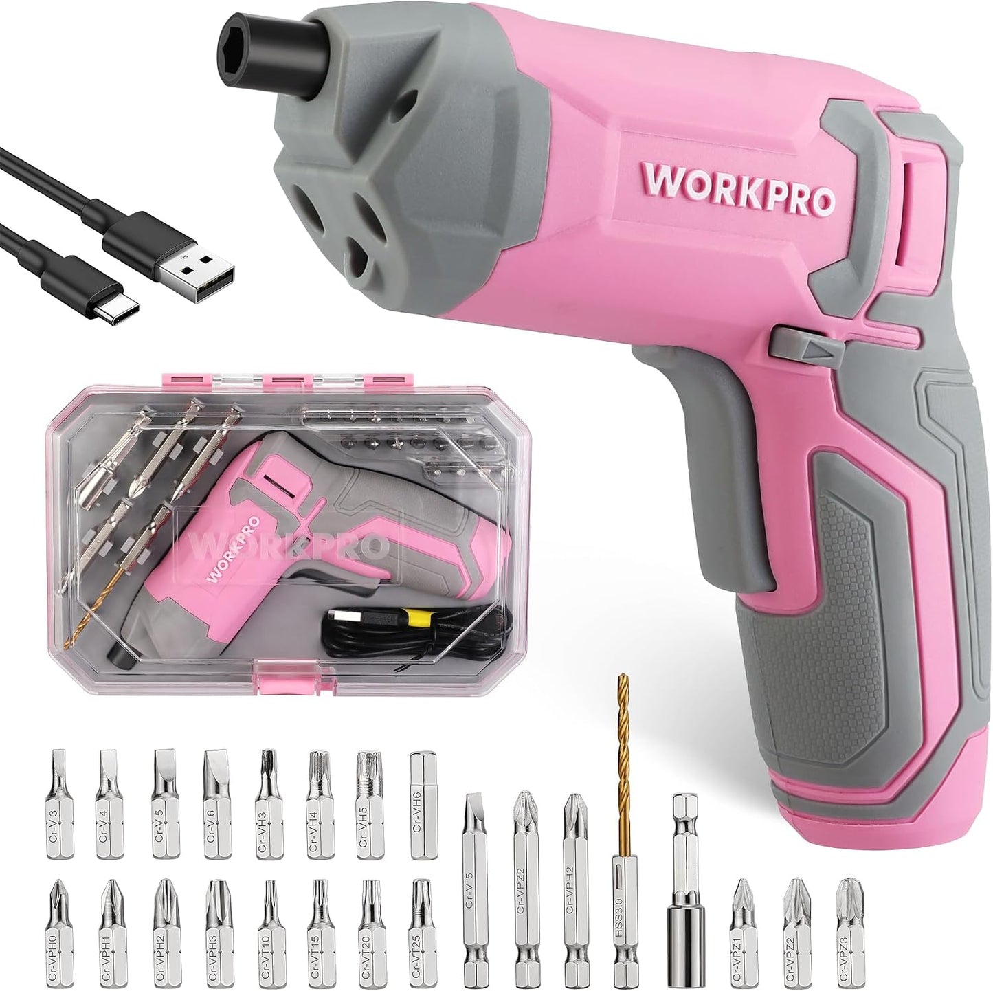 WORKPRO Pink Cordless Screwdriver Set, Rechargeable Eccentric Screwdriver | 3.6V Screwdriver Kit Set with 24Pcs Bits, Delay-off LED Light, 2000mAh High-Capacity Battery, Carrying Case Included