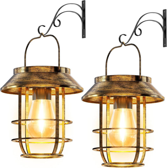 Ahaorigin 2 Pack Solar Lanterns Outdoor Waterproof, High Brightness Hanging Solar Lights for Outside with Wall Hooks, Retro Metal Outdoor Lanterns Auto On/Off for Garden, Porch, Patio, Yard Decor