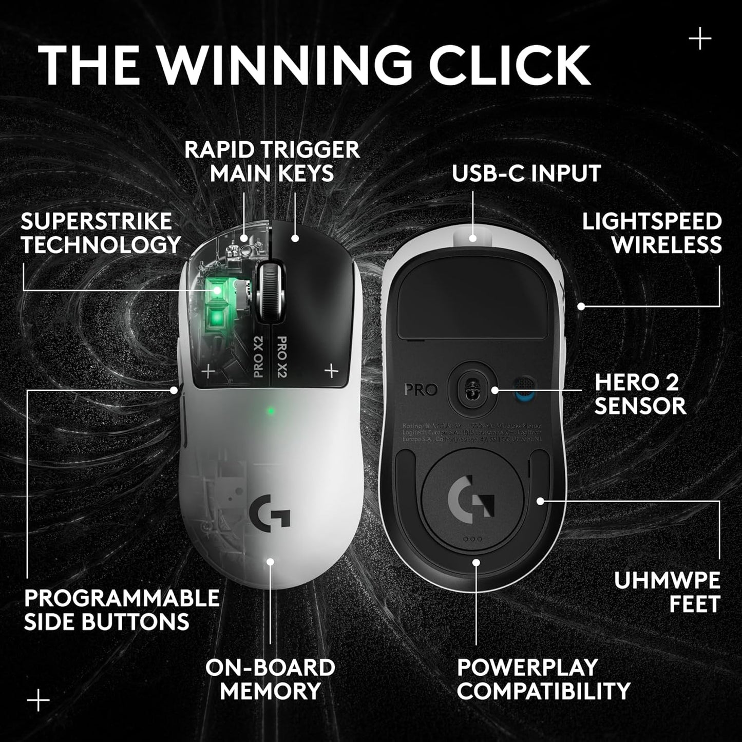 Logitech G PRO X2 SUPERSTRIKE Wireless Gaming Mouse - Black/White | Customizable Rapid Trigger Magnetic Analog Switches, Adjustable Click Haptics, 61g Lightweight, USB-C, <8K, For PC/Mac