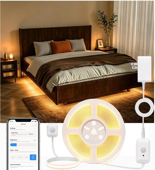 Smart Plug-in Dual Motion Sensor COB LED Strip Light for Under Bed, Under Cabinet, Hallway, Closet, 19.6ft APP Control, 3000K Warm White