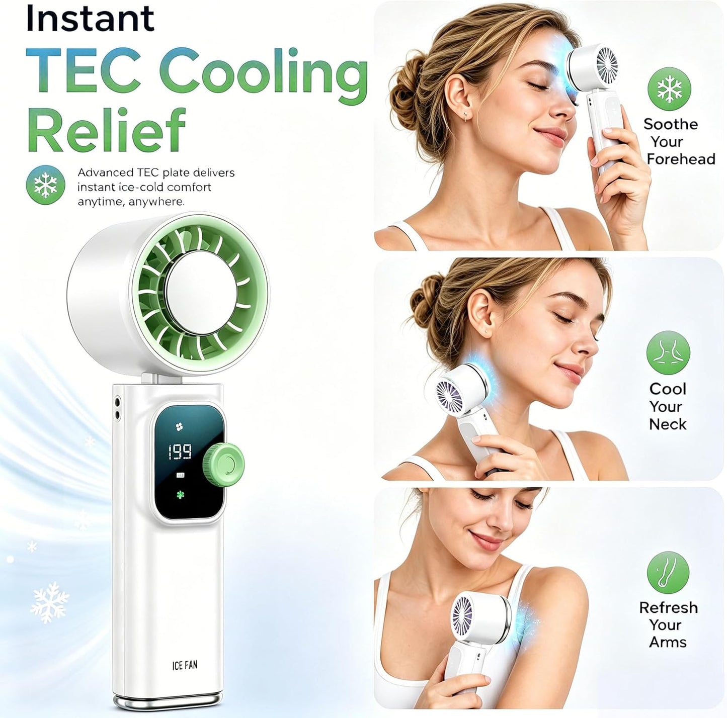 Portable Handheld Fan with Ice Cooling Personal Rechargeable Mini Neck Fan | 20000RPM,199-Speed 4000mAh Battery Powered up to 15hrs with LED Display for Travel, Camping & Outdoor, White