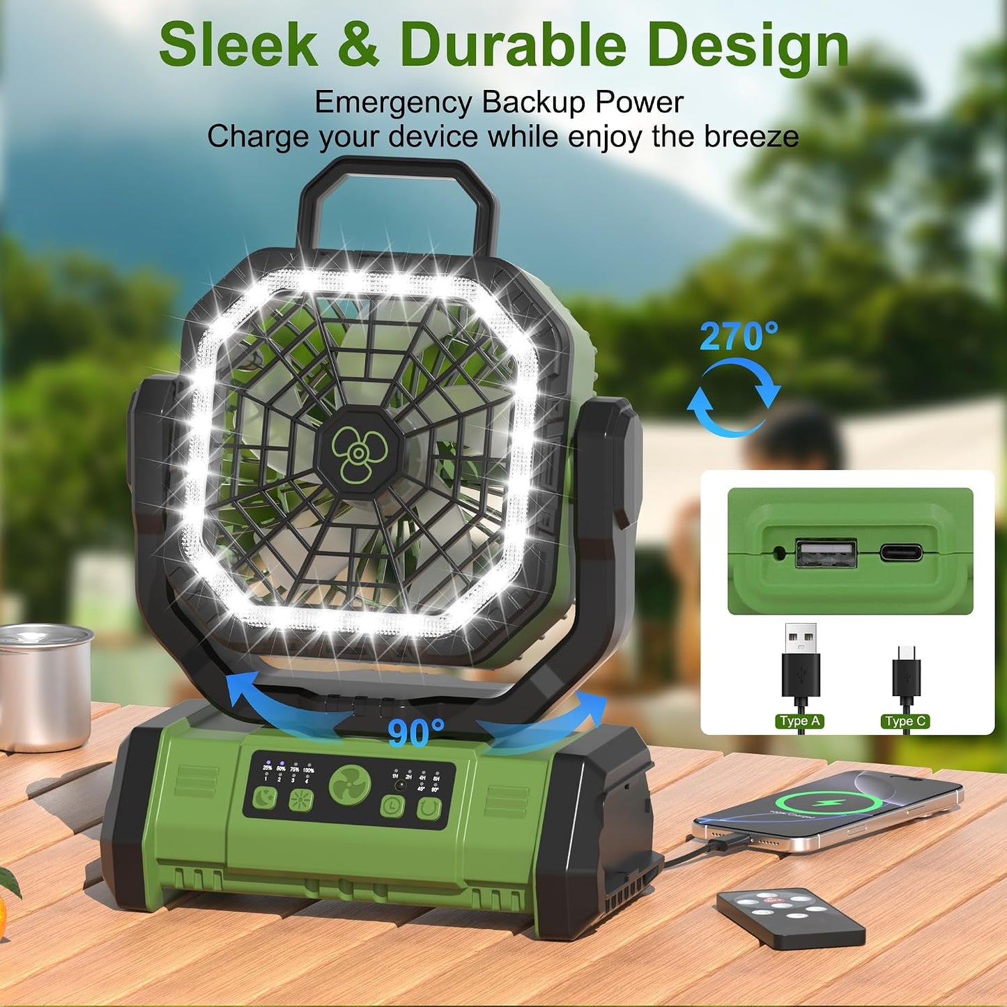 Honesorn 20000mAh Battery Powered Fan with LED Light & Remote, Green | 45°/90°Oscillating, Hanging Hook, 4 Speeds, 8H Timer, USB-C Charging, for Camping, Tent, Travel, Outdoor
