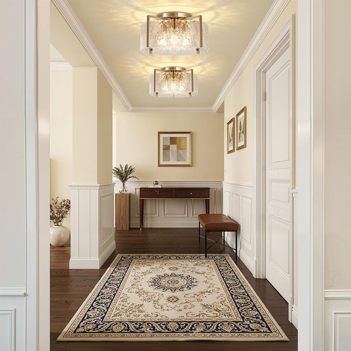 16'' Gold Semi Flush Mount Ceiling Light, 4-Light Glass Drum Light Fixtures