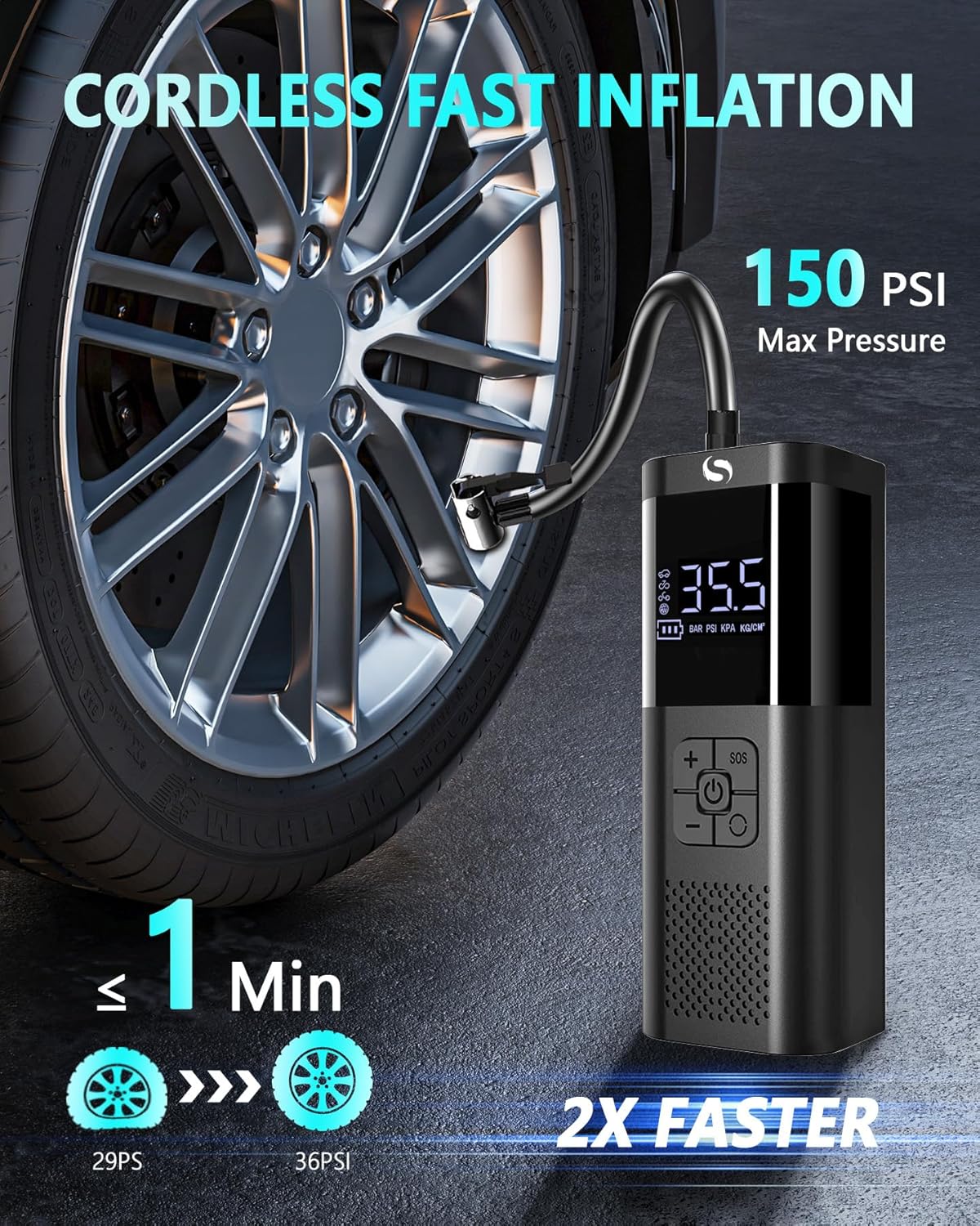 Tire Inflator Portable Air Compressor, Cordless Tire Inflator | Air Compressor with LED Light for Car, Motorcycle, Bicycle and Ball, 150PSI Air Tire Pump with Gauge