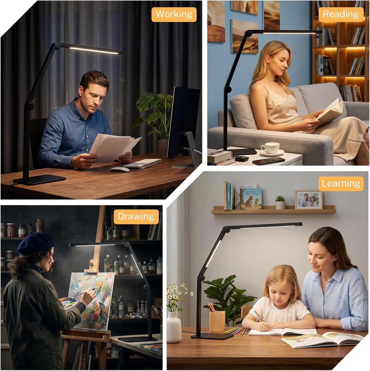 LED Desk Lamp for Home Office with Base, Dimmable Eye Care Architect Desk Light, Adjustable Swing Arm Dual-Light Lighting for Computer Monitor Work Desk Light, Reading, Study &amp; Workbench