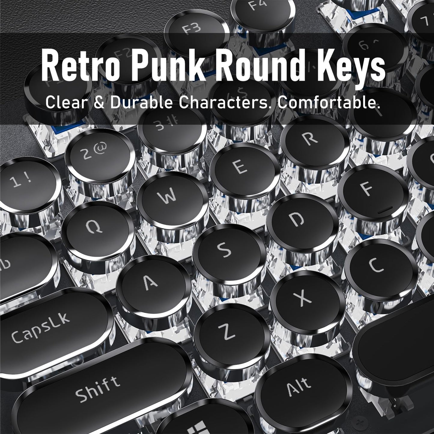 SEUNKWANG Typewriter Style Mechanical Gaming Keyboard with White Backlit, Wired Retro Punk Computer Keyboard Durable Metal Panel, Clicky Blue Switch, Round Keycaps, Full-size for PC/Desktop/Win, Black