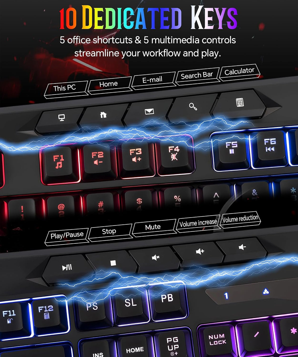 Light Up Gaming Keyboard Wired for PC PS5 Computer, USB Plug & Play, Quiet | 19-Key Anti-Ghosting, 12 Multimedia Keys, 114 Membrane Keys, Waterproof, Rainbow LED, Mechanical Feeling for Windows Gamer