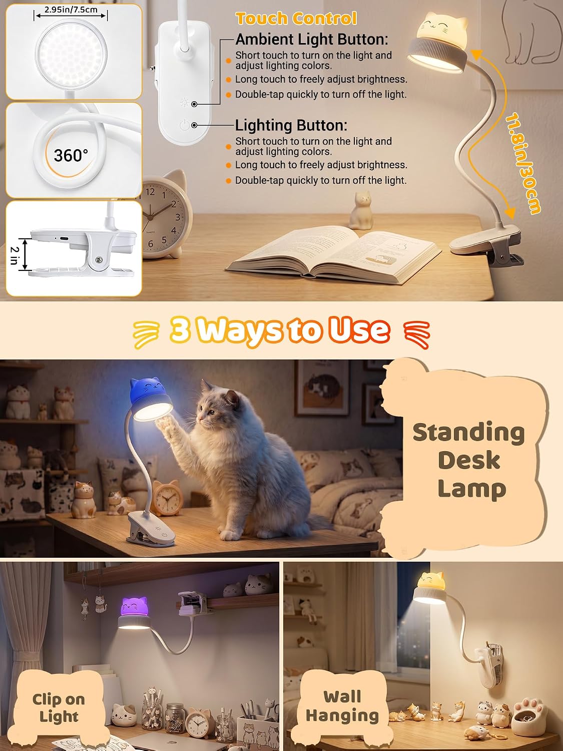 Cat Lamp,Dimmable RGB Clip on Light,Cute Desk Lamp Rechargeable Night Light | 4000mAh Battery Desk Lamp with Clamp,Cordless & Wireless Clip on Night Light for Kids/Toddle/Baby,Bed Headboard/Bedside/Table