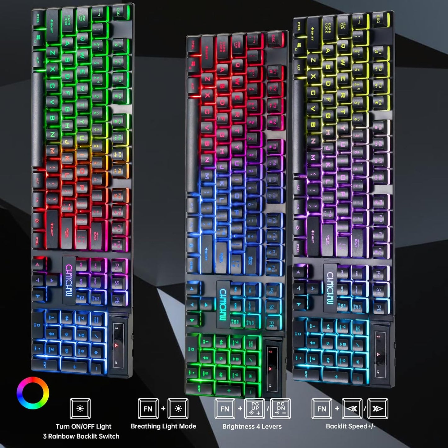 CHONCHOW USB Wireless Gaming Keyboard and Mouse Combo, RGB Backlit, 2.4GHz | LED Ergonomic Mechanical Feeling Keyboard, Rechargeable 2500mAh Battery, Anti-ghosting Keyboards 7D 3600DPI Mice for PC Gamer