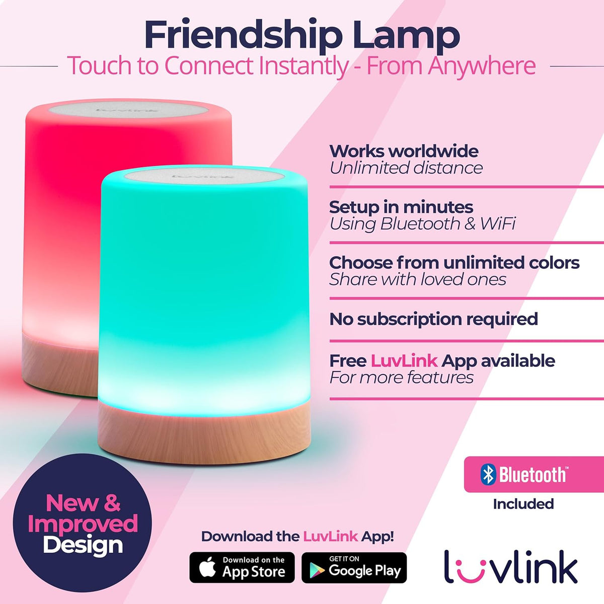 LuvLink Friendship Lamps No Subscription WiFi Touch Lamp for Long Distance Relationships, Couples, Friends & Family - Gift Ready (Set of Two)