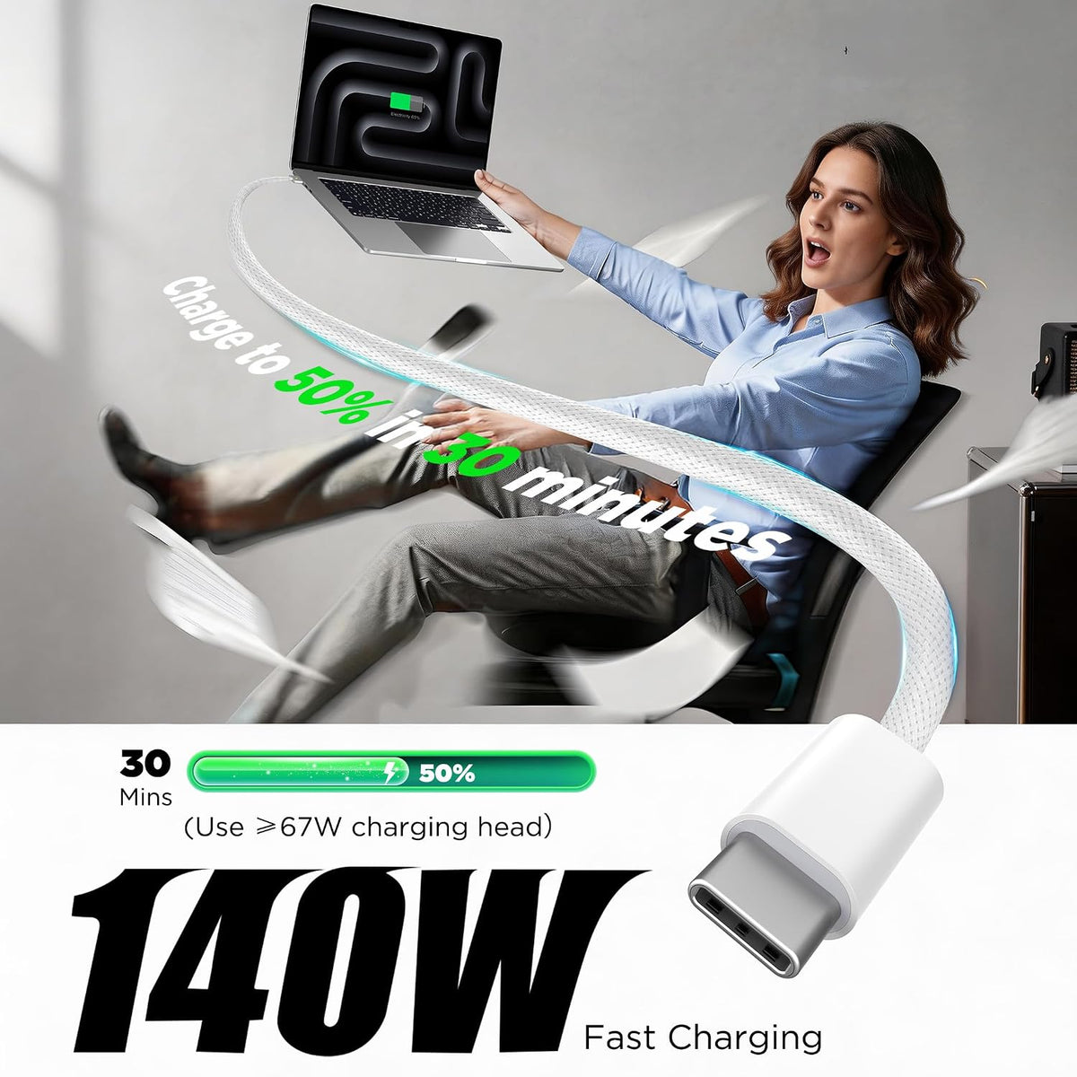 LUCMO Magnetic 3 Cable 6.6 FT for M5/M4/M3/M2 MacBook Air Pro Charger | 140W Fast Charger USB C Cord for MacBook Air (13"/15" 2022-2026), Pro (16"/14" 2026/2025/2024/2023/2021), White