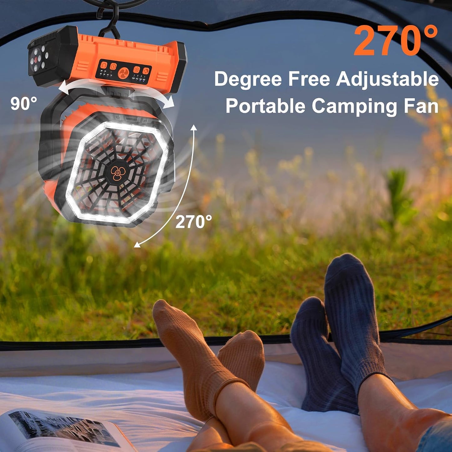 Honesorn 20000mAh Rechargeable Fan Portable 11-Inch, with LED Light Remote | Up to 60H Runtime, 45°/90°Oscillating, Hanging Hook, 4 Speeds, 8H Timer, USB-C Charging, for Camping, Tent, Travel, Outdoor