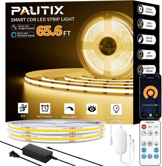 PAUTIX COB LED Strip Lights 65.6ft/20m Warm White 2700K LED Light Strip,Compatible with Alexa/Google Assistant,Dimmable LED Strips for Bedroom,Cabinet,Living Room,CRI93+ Super Bright High Lumen