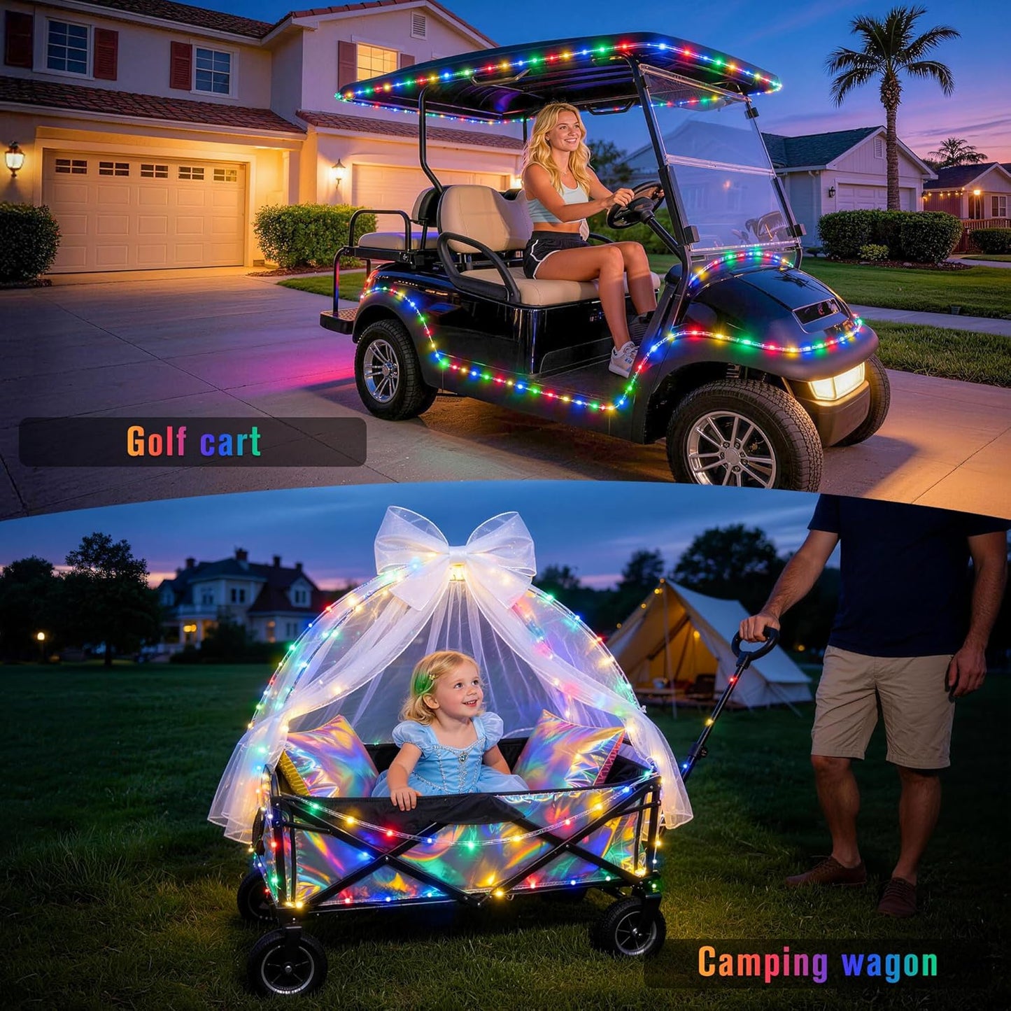 JMEXSUSS 2 Pack Battery Operated String Lights with Remote, Camping Lights | Total 200 LED 66ft 8 Modes Waterproof Battery Powered Rope Lights Indoor Outdoor for Trampoline Camping Decor (Multicolor)
