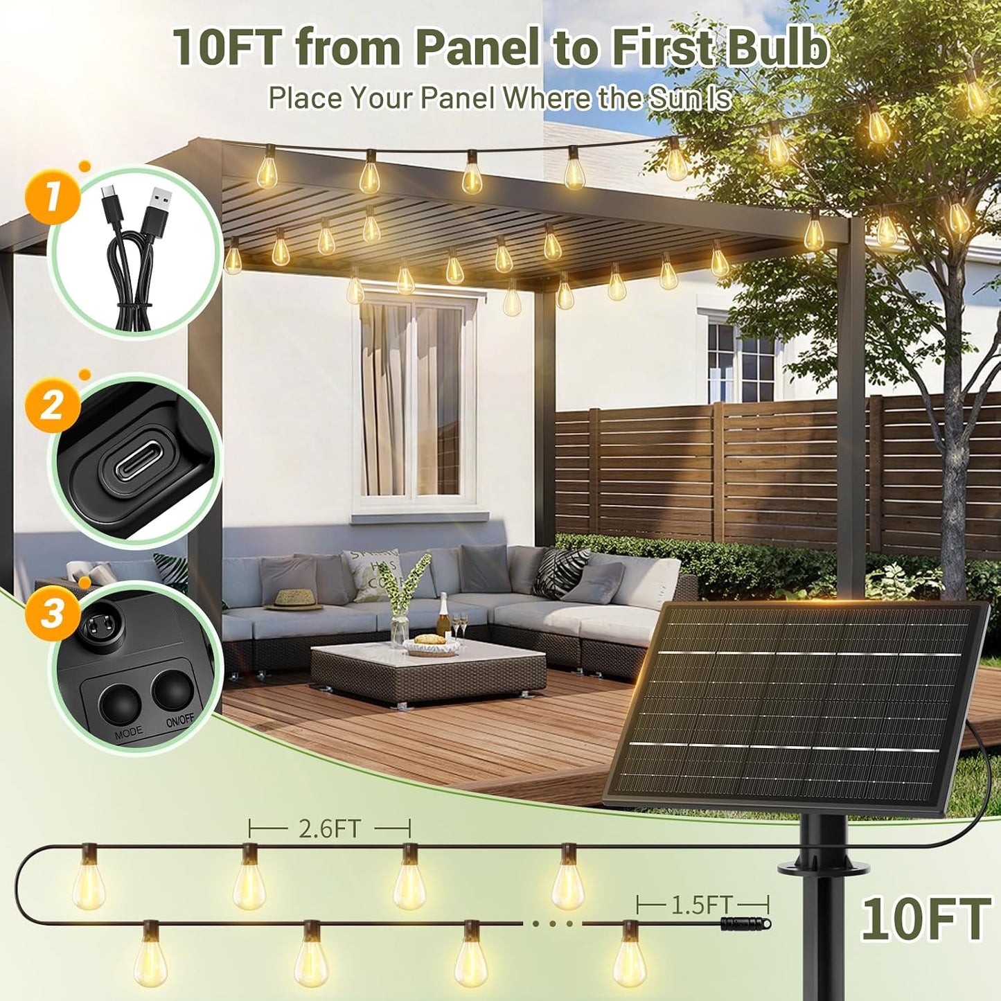 100FT Solar String Lights Outdoor Waterproof, 35+1 LED Shatterproof Bulbs Solar Powered with Remote & USB Port, 3 Light Modes Dimmable Patio Lights for Backyard, Garden, Camping