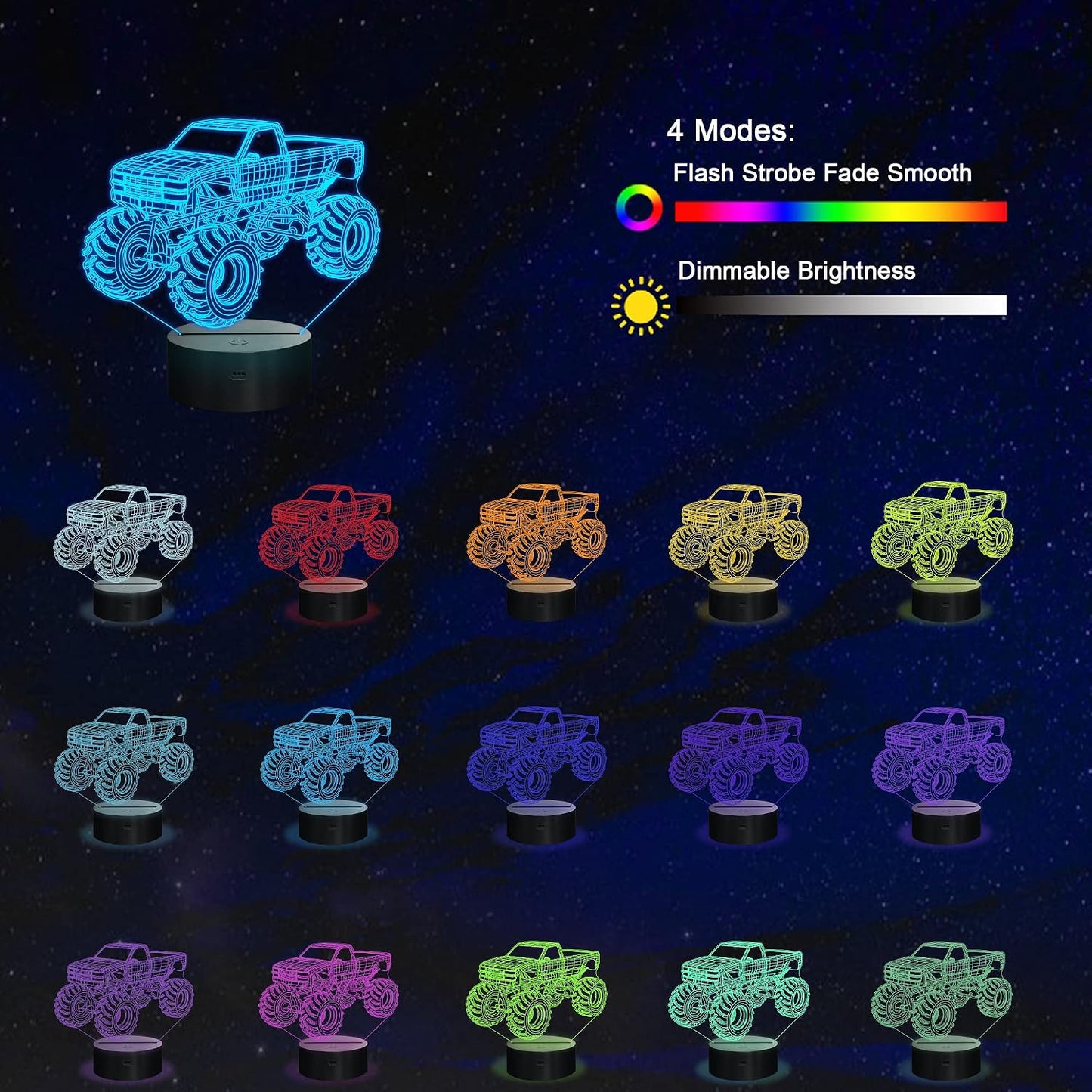 3D Night Lights for Children, Kids Night Lamp, Monster Trucks for Boys, 16 LED Colors Changing Lighting, Car Shape Acrylic Lighting Table Desk Bedroom Decoration, Ideas Birthday Xmas