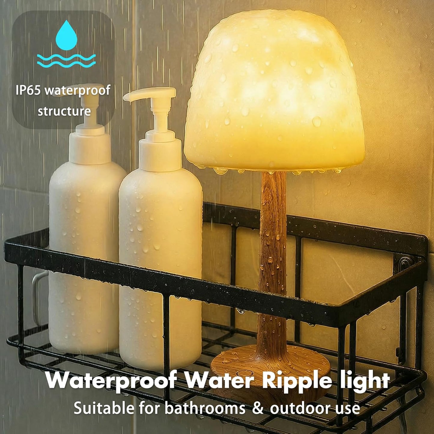 Waterproof Shower Lamp, Bathroom Lamp with Ocean Wave Projector Walnut Wood | Spa-Like Rechargeable Shower Light with Remote&Touch Control Dimmable,16 RGB Color, Cordless Mood Light for Inside Showe