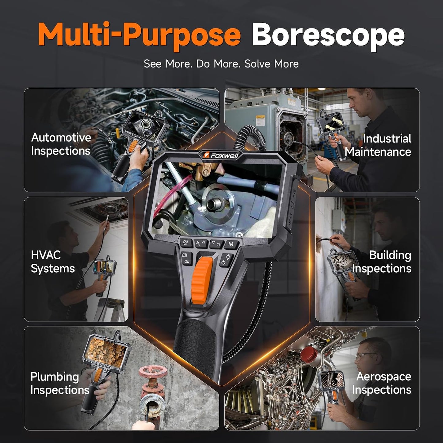 FOXWELL Dual Lens Two-Way Articulating Borescope, 1080P Endoscope Camera | with Light, IPS HD Screen, IP67 Waterproof, Flexible Semi-Rigid Snake Scope for Automotive Engine Pipe Home Inspection