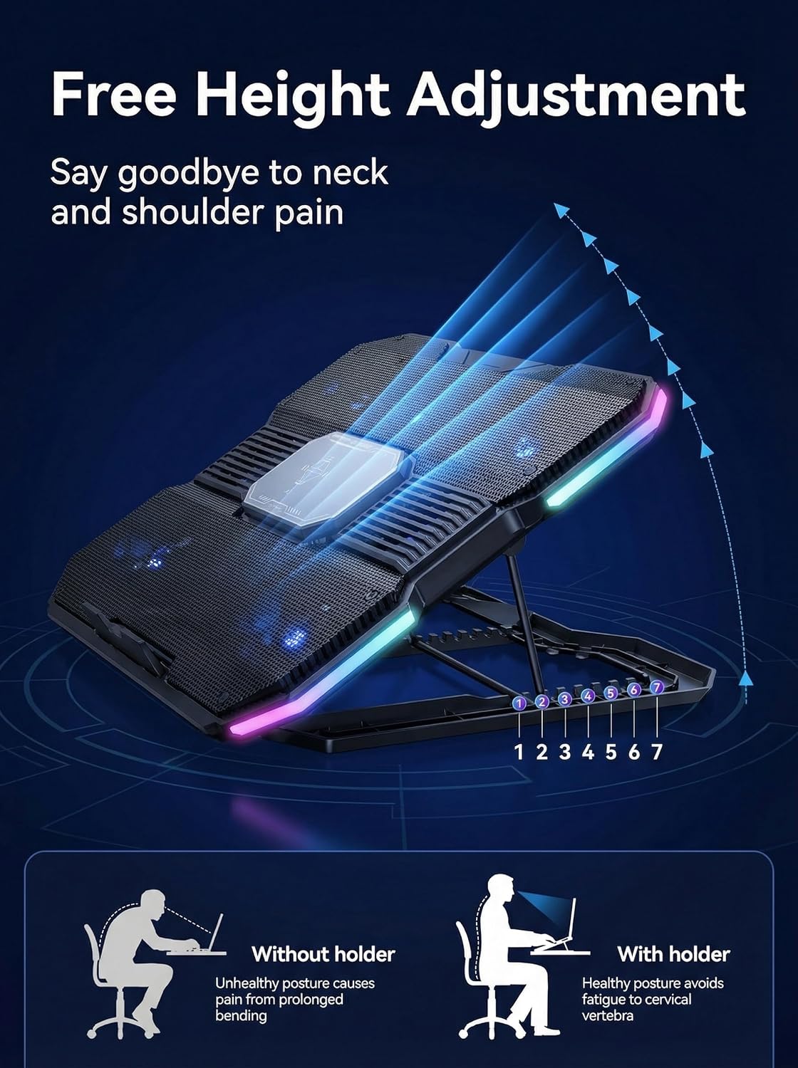 Laptop Cooling Pad with 8-Fan &Thermoelectric Cooler for 15.6-21In Laptops | 5-Speed Independent Control, 10 RGB Lights, 7-Height Adjustable Metal Panel Laptop Cooler