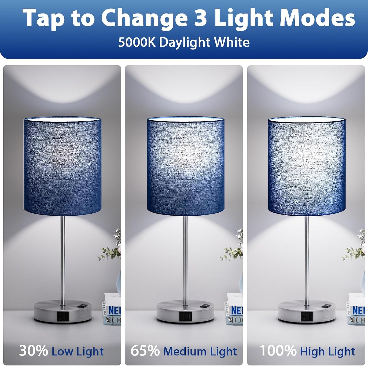 Touch Lamps for Bedroom Set of 2 - Dimmable, USB C+A, AC Outlet | Large 17.6" Tall Lamp, 3-Way Dimming, 5000K Daylight Bulbs, Navy Blue Lampshade Silver Base, Decor for Living Room, Boys, Men