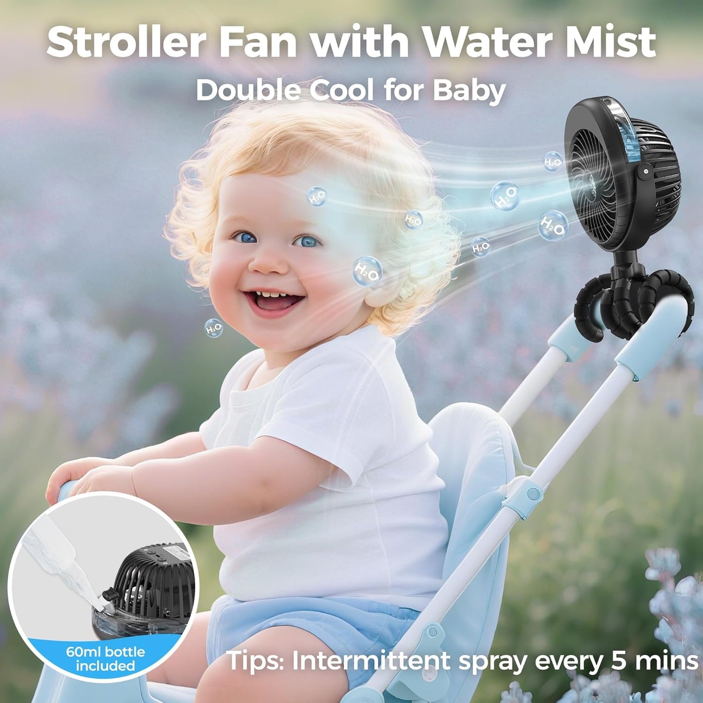 2026 Upgraded Misting Baby Stroller Fan Rechargeable, Flexible Tripod Clip for Car Seat Crib, Baby Shower Gifts & Baby Registry Search, Newborn Essentials for Beach Travel, Disney Summer Essentials