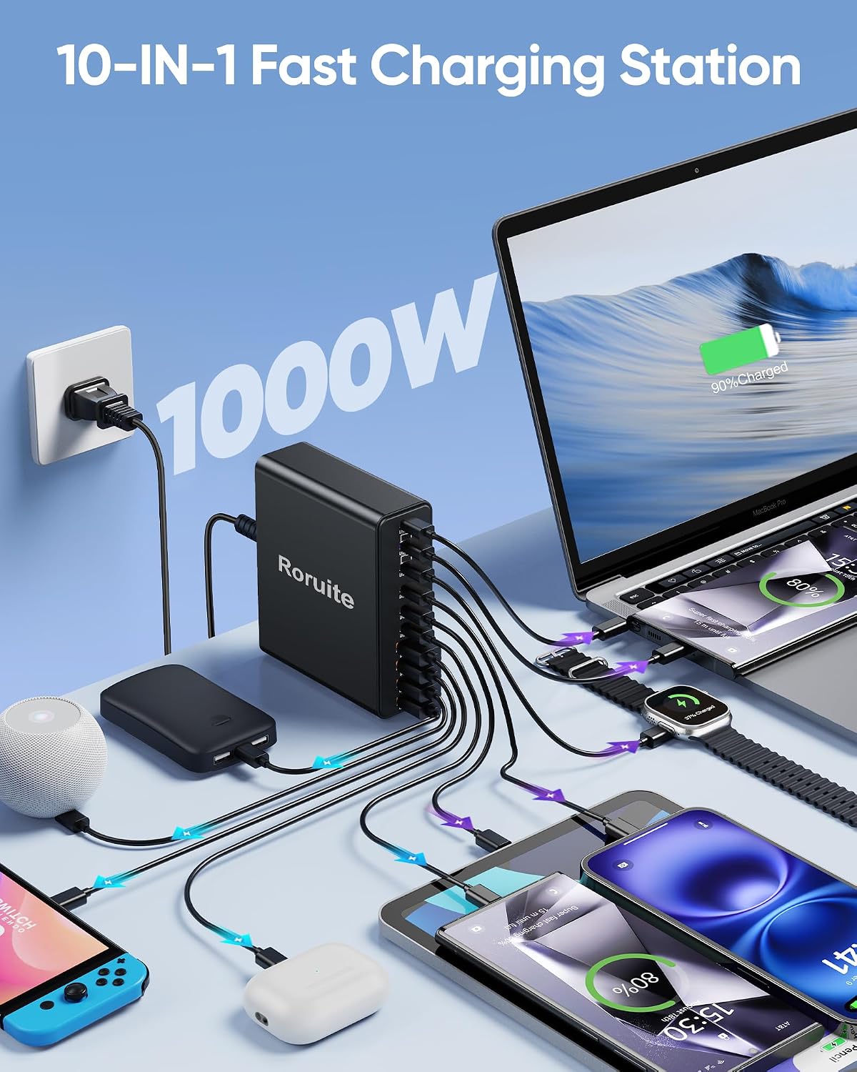 1000W USB C Charging Station, 120W PD GaN5 Super Fast USB C Charger Block | Type C for PC Laptop MacBook Pro/Air 10 Port Charger Compatible with iPhone 17 16 15 14 13 12 Pro Max, iPad, Galaxy