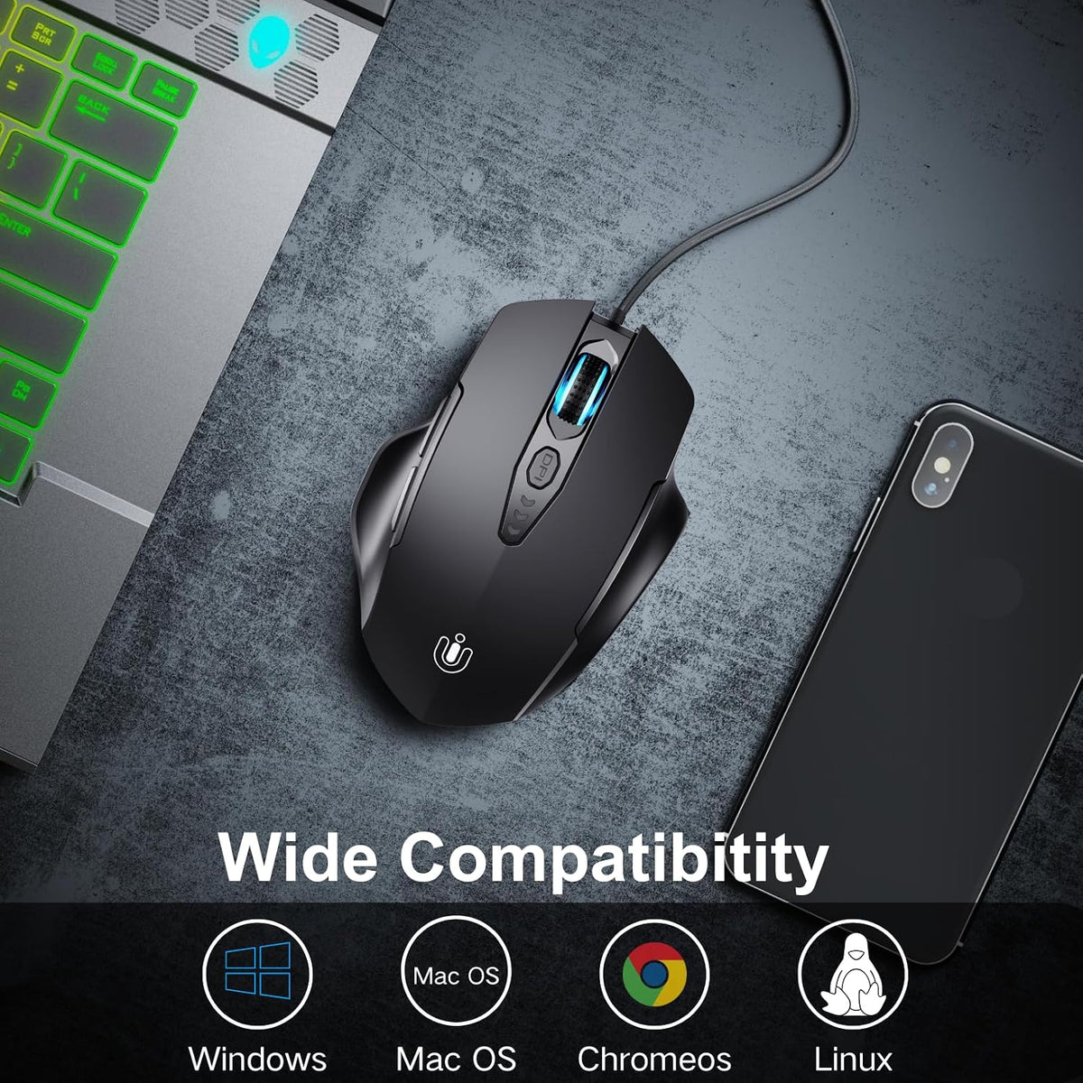 Uineer Wired Mouse, USB-A Computer Mouse with 6 Buttons,Adjustable | Plug-and-play USB-A wired connection with 6 programmable buttons, 7200 DPI and a 1.5 m cable.