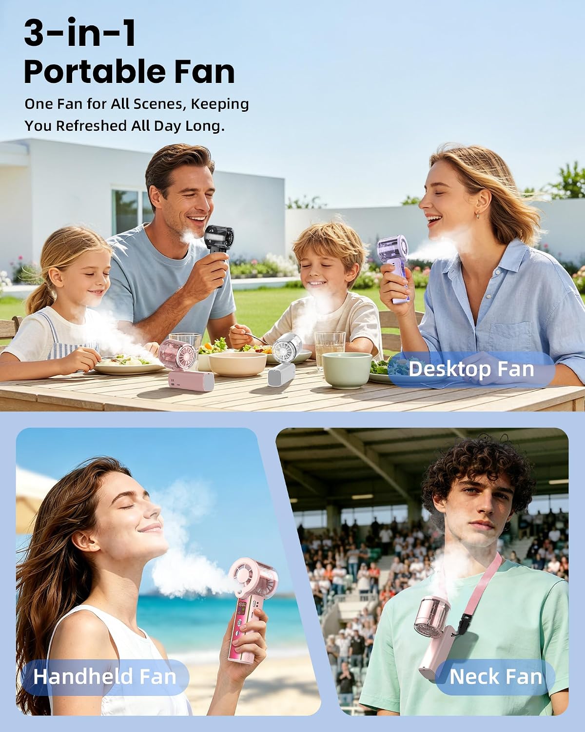 Portable Misting Fan with Mist, 3-in-1 Rechargeable Handheld 4000mAh | Adjustable mist mode, 100-speed wind control, LED display, power bank function, 30000RPM, compact & lightweight