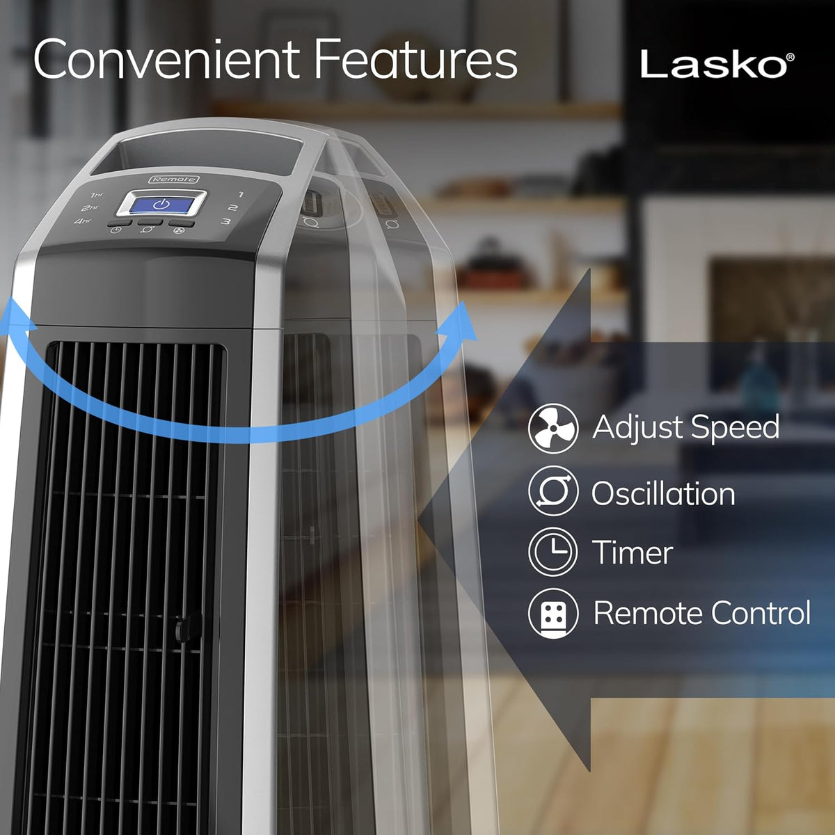 Lasko High Velocity Oscillating Tower Fan - 35" - U35115 - Silver/Black | Remote Control, Quiet Standing Fan for Bedroom, Office, and Home, 3 Speeds, Powerful Cooling Air