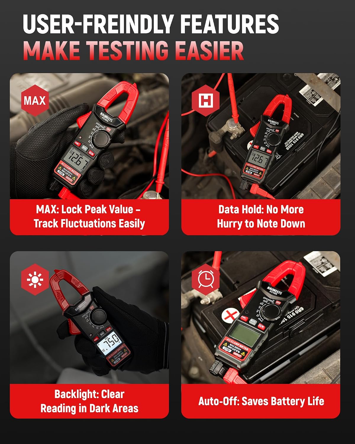 KAIWEETS Digital Clamp Meter, Portable Size, 2000 Counts, Measures High AC Current 400A, 600V AC/DC Voltage, Resistance, Continuity, Diode, Auto Ranging Multimter, Voltage Tester, KC400