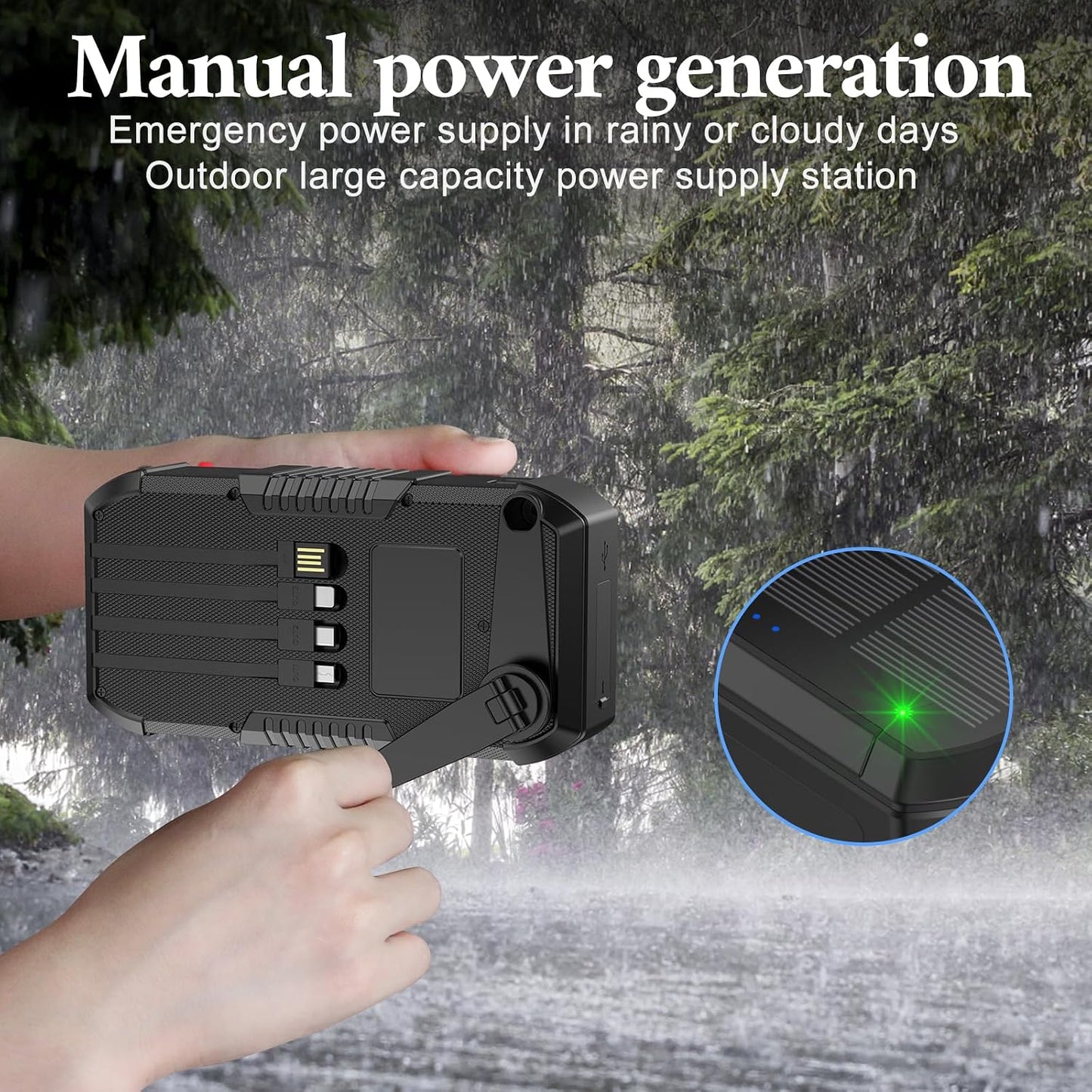 Solar Power Bank 66800mAh Built in Hand Crank for Camping and Hiking | Fast Charge,4 Built in Cable, 5 Outputs & 3 Inputs Multi Device Charging,Camping Essentials/SOS/Flashlight/Compass,Waterproof