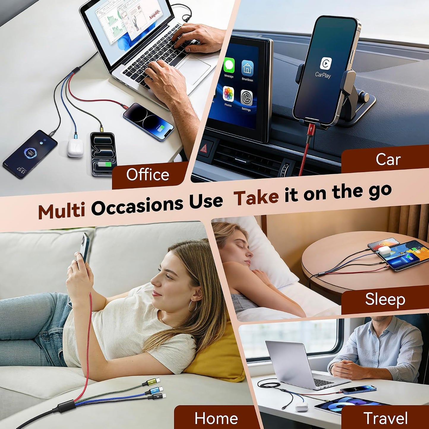 4 in 2 Multi Charging Cable,USB C Charging Cords for Multiple Devices | Dual USB-C Ports Phone Charger Cord, Universal Travel Car Charger Cable for iPhone 17-X, Androids, iPad, Kindle, Ps-2Pack 6Ft