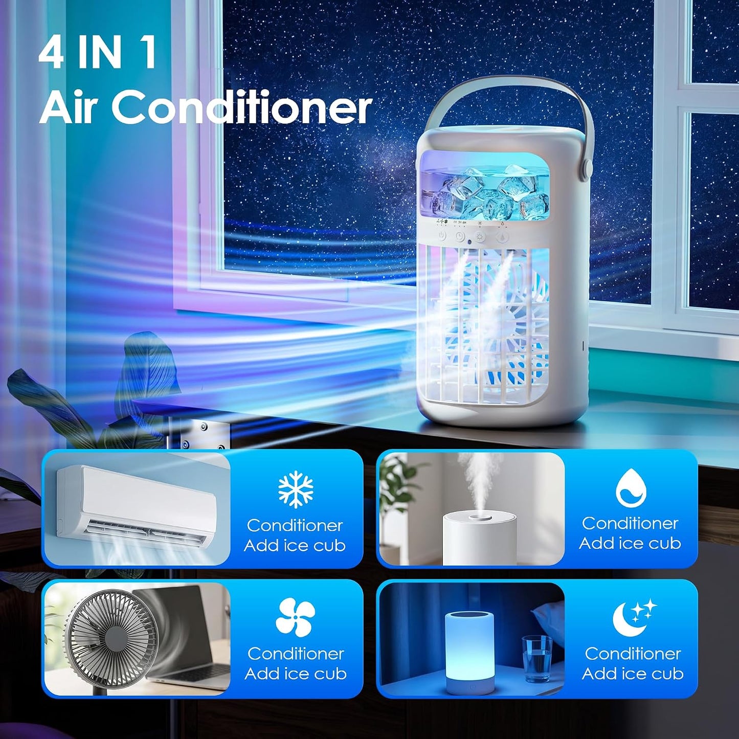 Portable Air Conditioners, Evaporative Air Cooler, 4-in-1 Portable AC Fan, 1500ML Tank, 3 Speeds & 2 Mist Modes, Remote, USB-C Cooling for Bedroom Office Camping