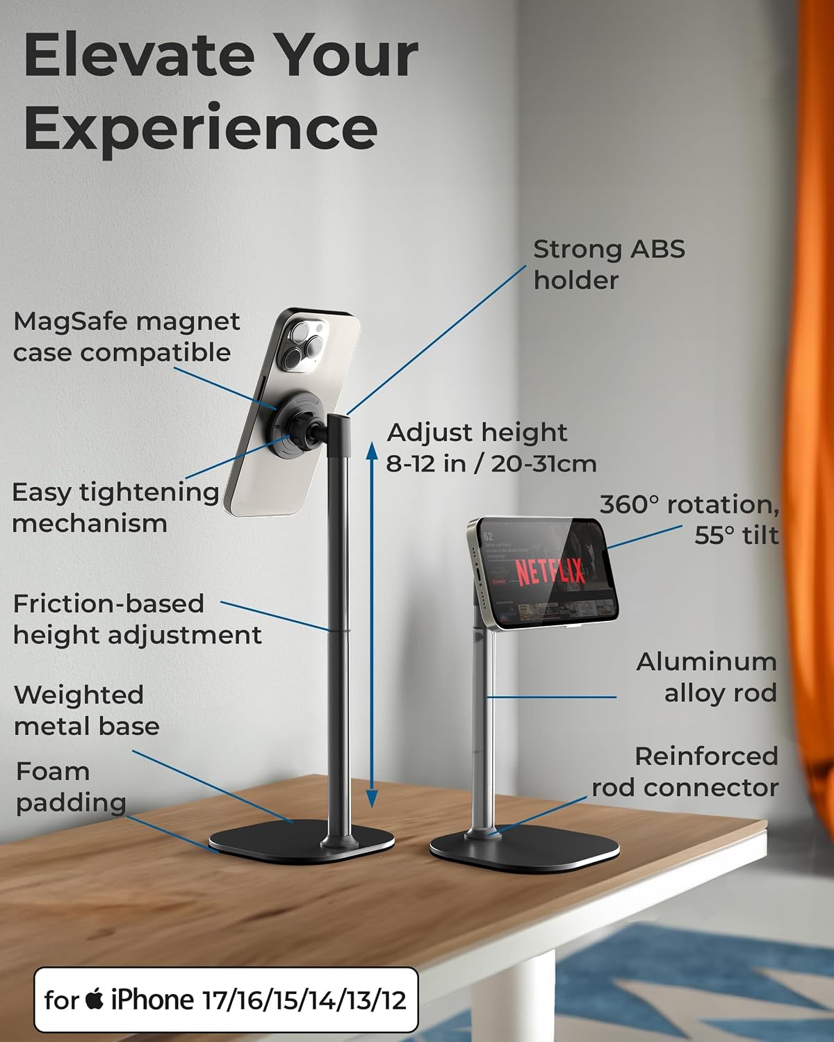 COOPER MagStand Magnetic Phone Stand for Desk, MagSafe Tripod, iPhone 17 | 9-13" Adjustable, Weighted Base, Strong Magnet Hold, iPhone Holder for Video Calls, 2 Steel Rings, Fits any iPhone or Android