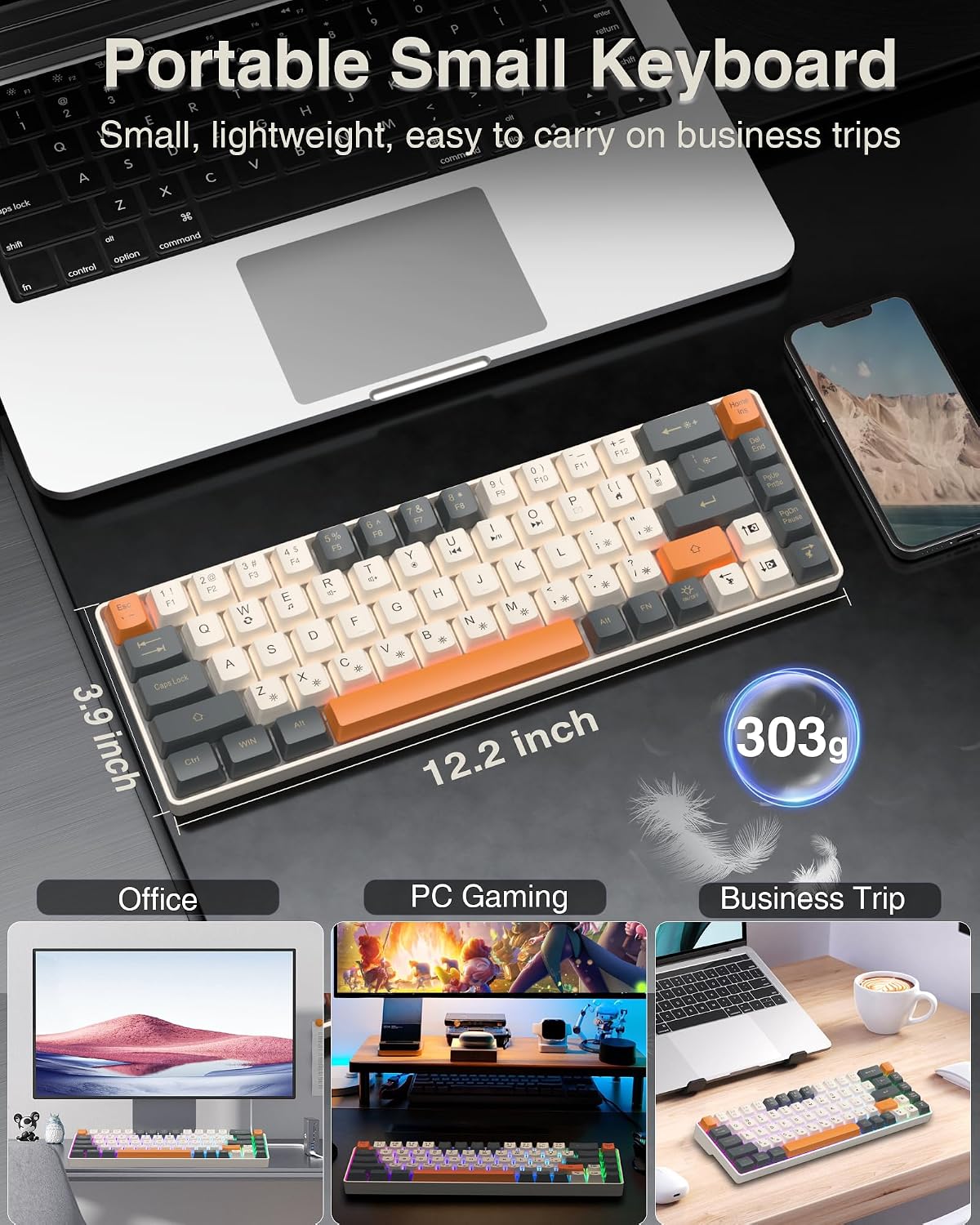 CORBOBO 60 Percent Keyboard,RGB Backlit Gaming Keyboard USB-C Wired,Portable 68 Keys Compact Mini Keyboards for Business Trips,Office,PC Games (SK968,Grey&Orange)