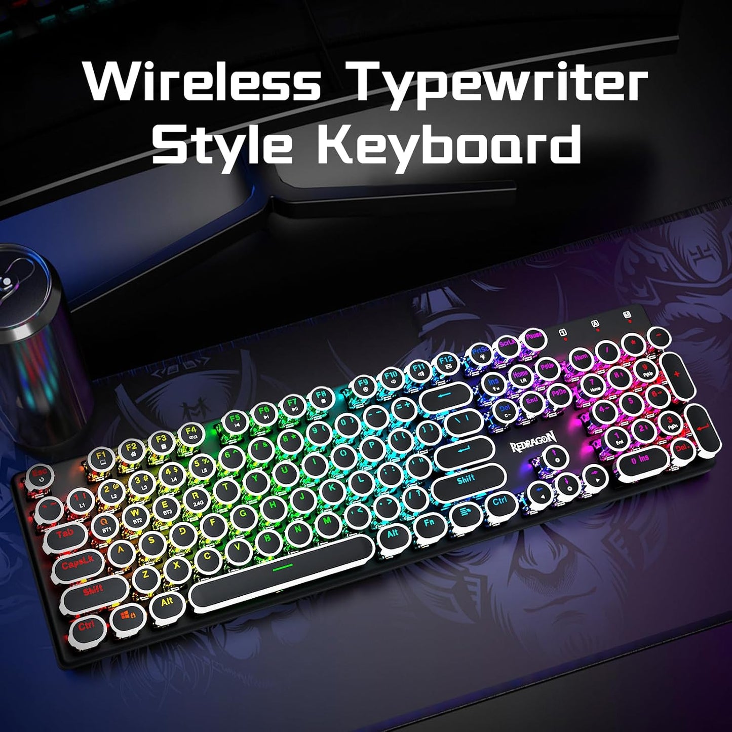 Redragon Wireless Typewriter Style Mechanical Gaming Keyboard, Black | Bluetooth/2.4Ghz/Wired, RGB Led Backlit, Blue Switch - Clicky, Rechargeable 4000mAh, Solid Metal Panel, Round Keycaps