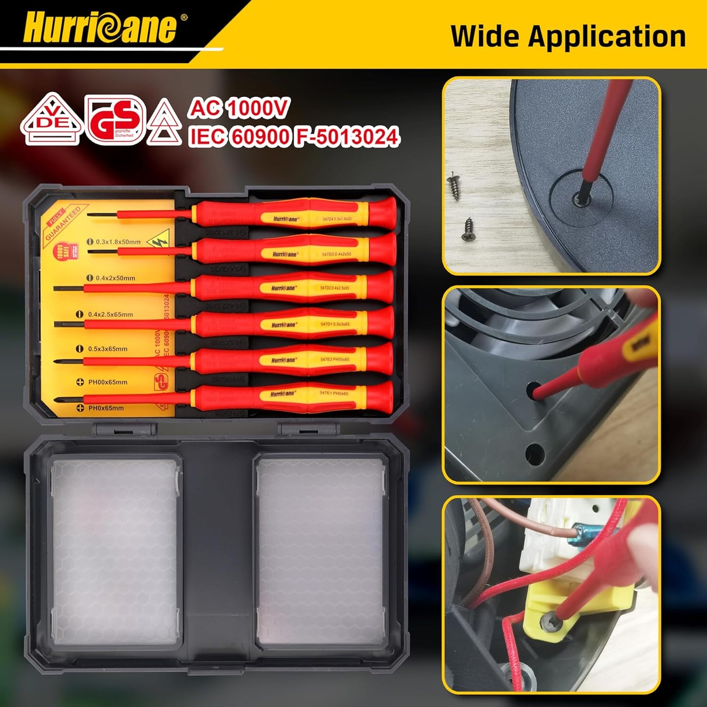 HURRICANE Premium 1000V Precision Insulated Screwdriver Set, 6 Piece S2 Steel Mini Electrician Screwdrivers with SL1.8/2.0/2.5/3.0mm & PH00/PH0, VDE Certified for DIY & Professional Electrical Repair