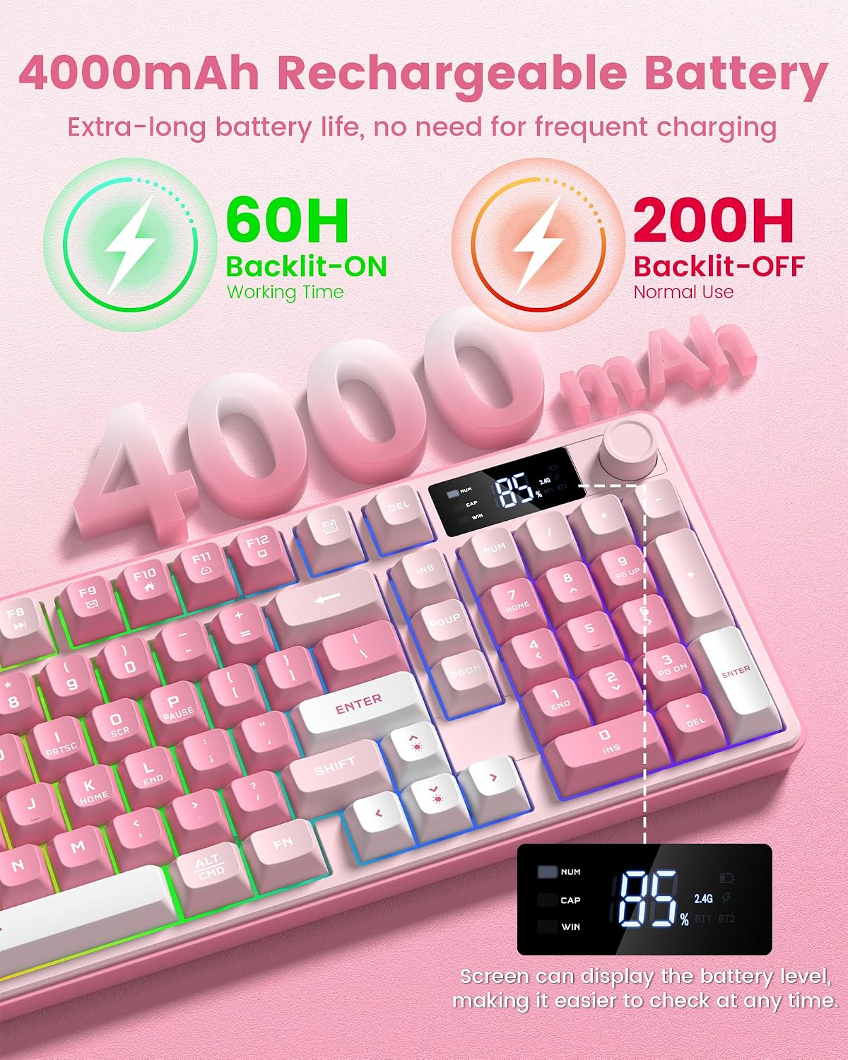 Keymatic Gaming Keyboard Wireless Creamy Keyboard with Media Knob & Screen Cute Keyboard Mechanical Feeling Membrane Keyboard with Number Pad RGB Backlit Tri-Mode BT/2.4GHz/USB-C - Pink