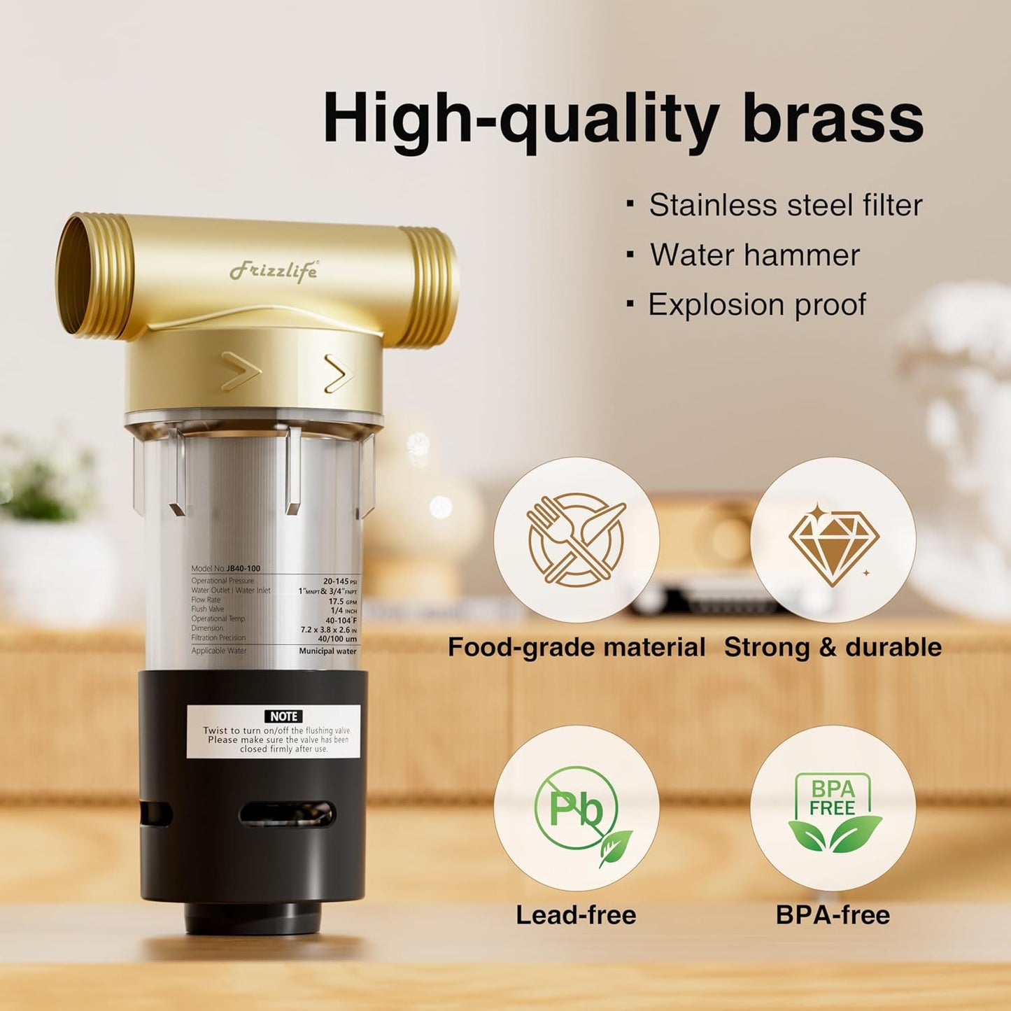 Frizzlife Smart Water Monitor Shutoff & Reusable Whole House Pre-Filter | 0.01GPM Leak Detection + 40/100 Micron Flushable Filter with Scraper