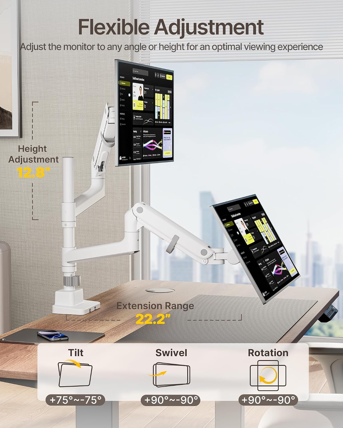 monTEK Dual Monitor Arm, Vertical Stackable 57", Heavy Duty with USB White