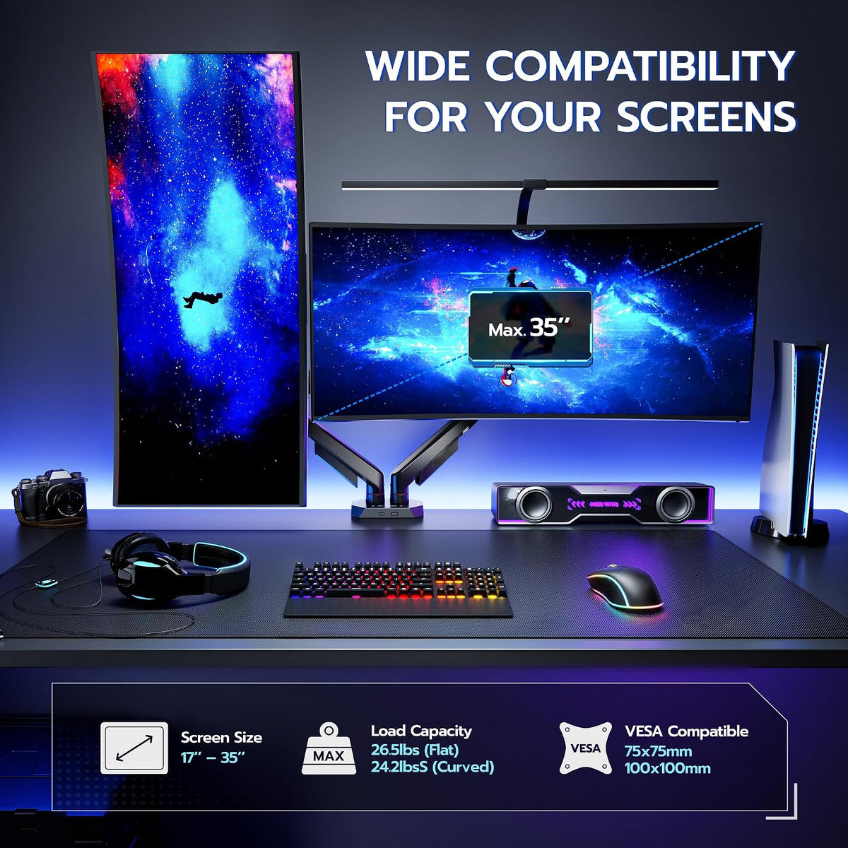 ARES WING Dual Monitor Arm for 17-35 Inch Flat Curved Screens, Black