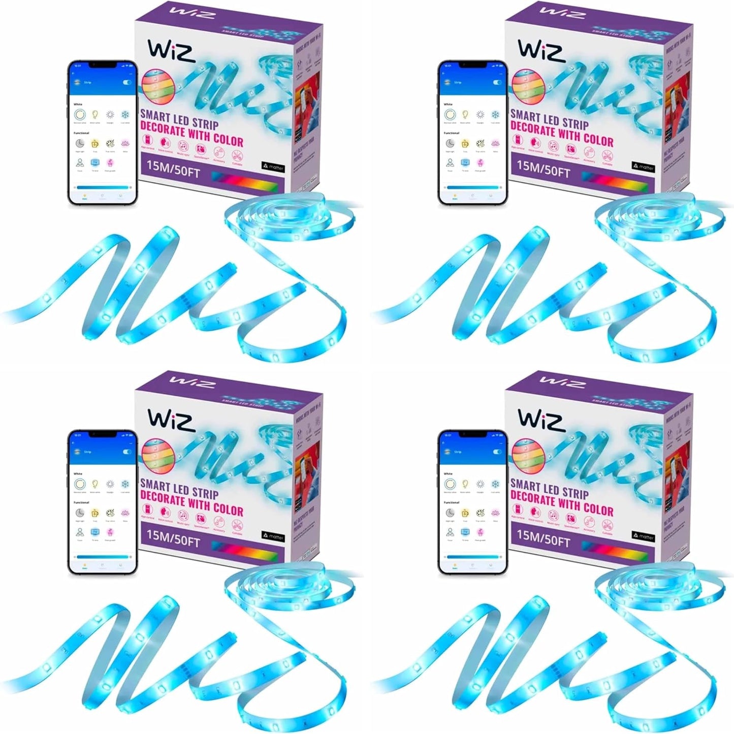 WiZ Connected Smart Light Strip, Sunset/Sunrise Automation, Preset Modes, Control with Voice or App, Full Color RGB Lighting, Voice Control, 50ft Cut to Fit