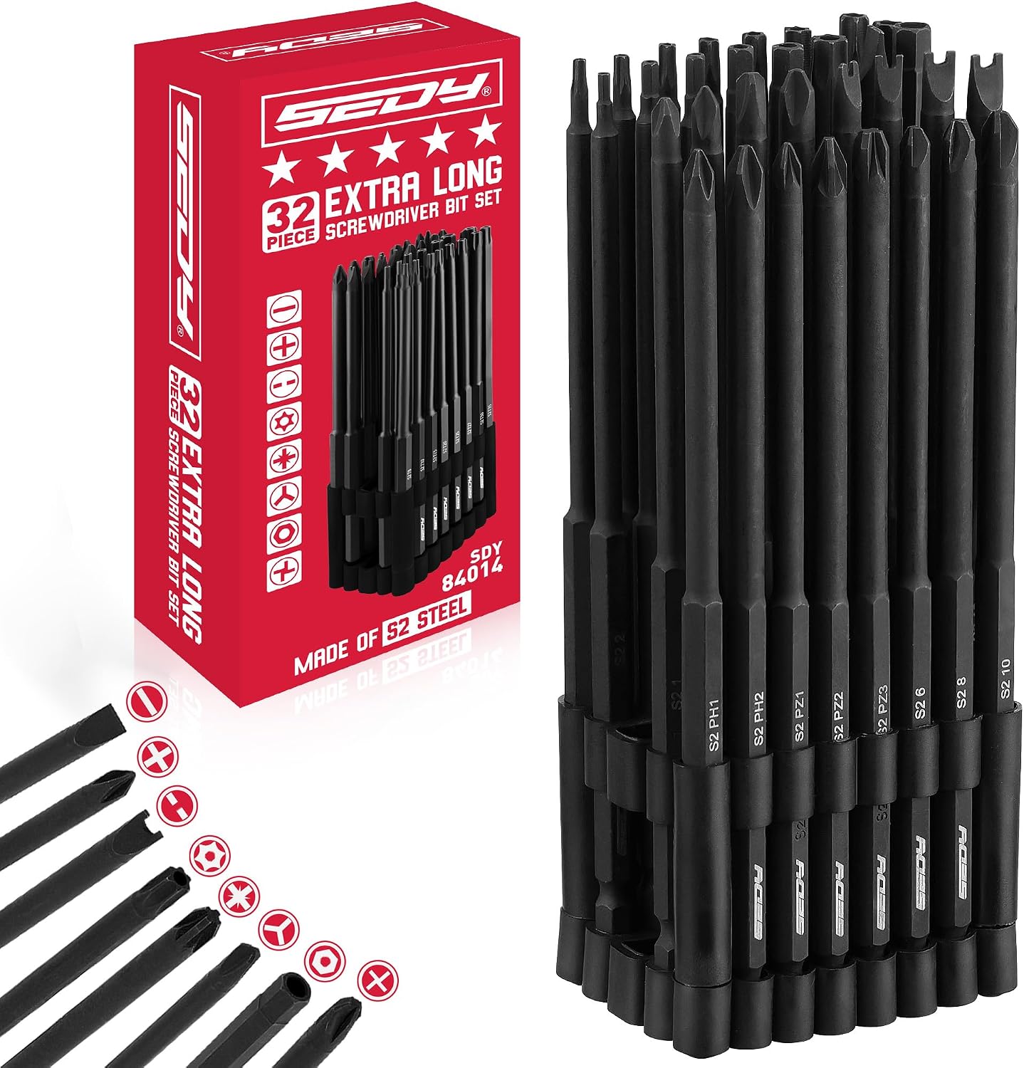 Extra Long Security Bit Set: 32-Piece S2 Steel Screwdriver Drill Bits for Tamper-Proof Screws, 6" Torx, PoziDriv, Spanner, Tri-Wing - Universal 1/4" Hex Shank for Electric, Impact Drills