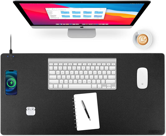 Wireless Charging Desk Mat, Mouse Pad, Black-L, 36 * 17inch