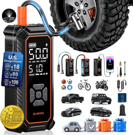 OlarHike Tire Inflator Portable Air Compressor, Dual Power-3 * 2000mAh & 12V DC | Lightning-Fast Inflation, Auto Shut-off, Cordless Air Pump for Car Tires, Bikes, Balls with LED & Digital Pressure Gauge