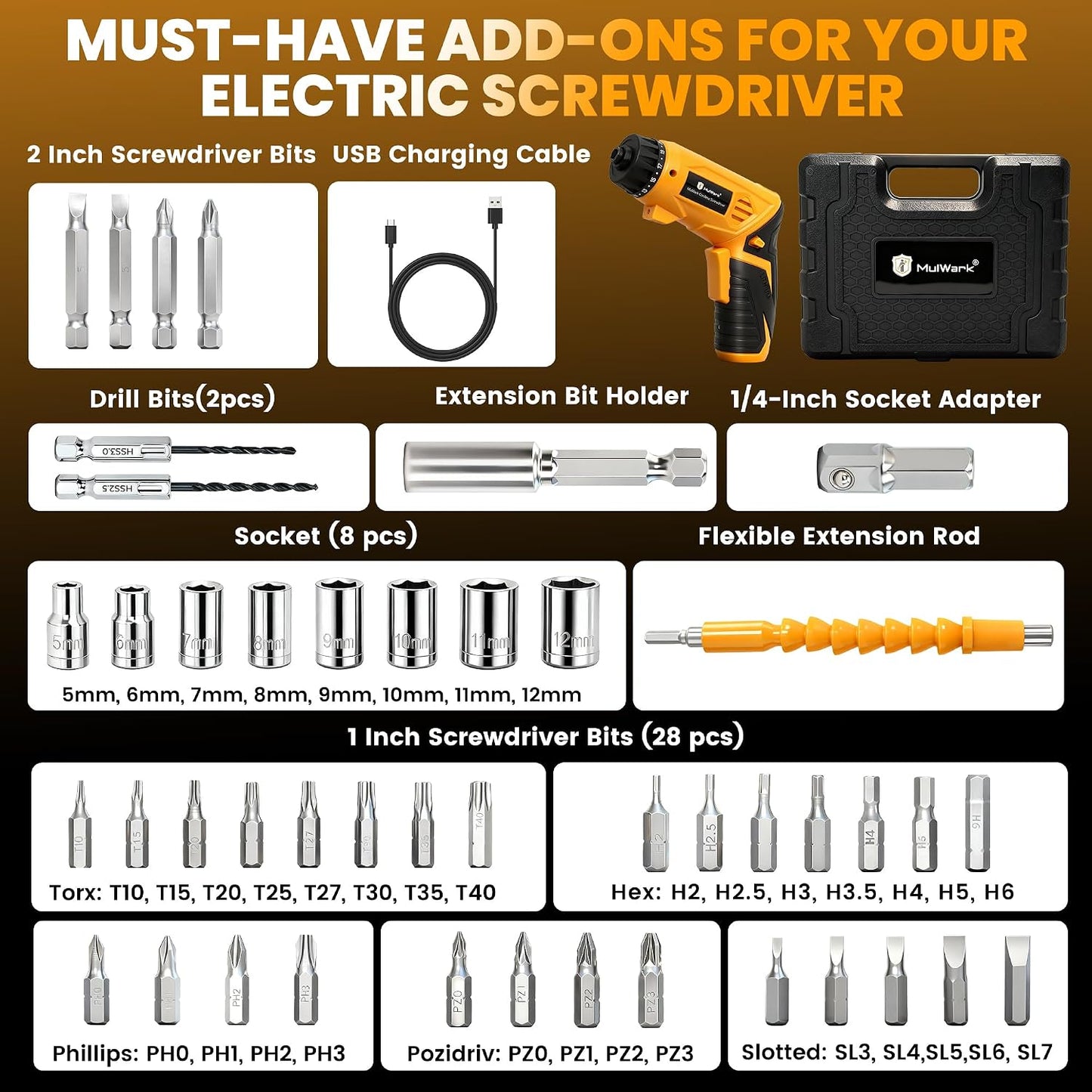 MulWark Electric Screwdriver Set, 4V Cordless Screwdriver with 46 Precision Driver Bit Set in Carrying Case Rechargeable 2-Position Handle, Powered Screwdriver Kit for Home Improvement, DIY Projects