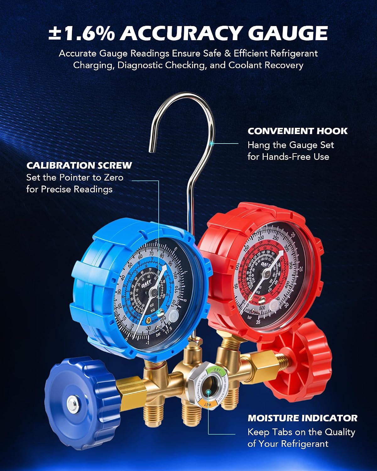 OMT 4 CFM AC Vacuum Pump and Gauge Set for R134a R12 R22 R502 | Copper Motor, Aluminum Alloy Casing; 3 Color Hoses, Can Taps, Adapters & Leak Detector; For Mini Split, HVAC & Auto Systems